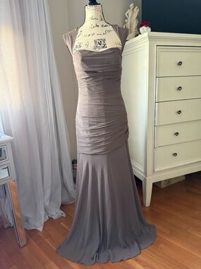 Watters Taupe Ruched Cap-Sleeve Maxi Gown